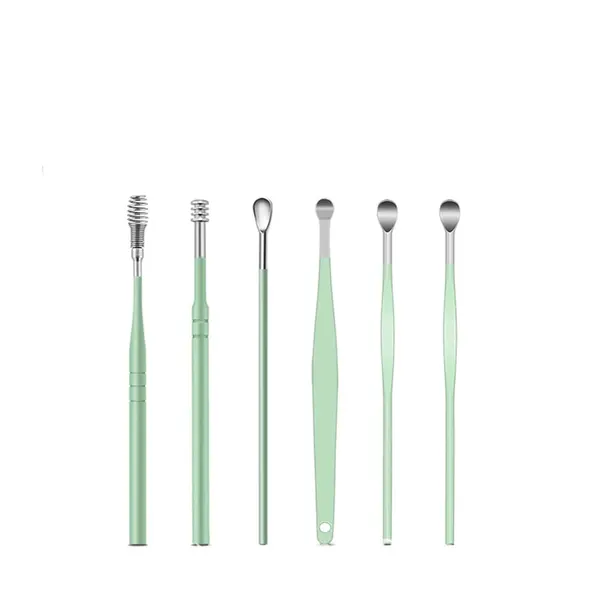 6pcs Ear Cleaning & Pick Set Portable Stainless Steel Set With Lather Case – Color: Green – View 2