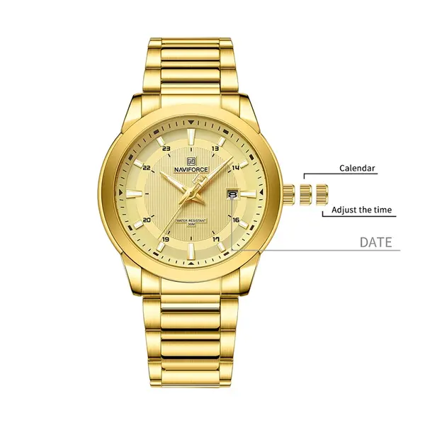 Naviforce NF8029 Luxury Stainless Steel Quartz Analog Men's Watch – Dial Color: Gold, Strap Color: Gold  – View 4