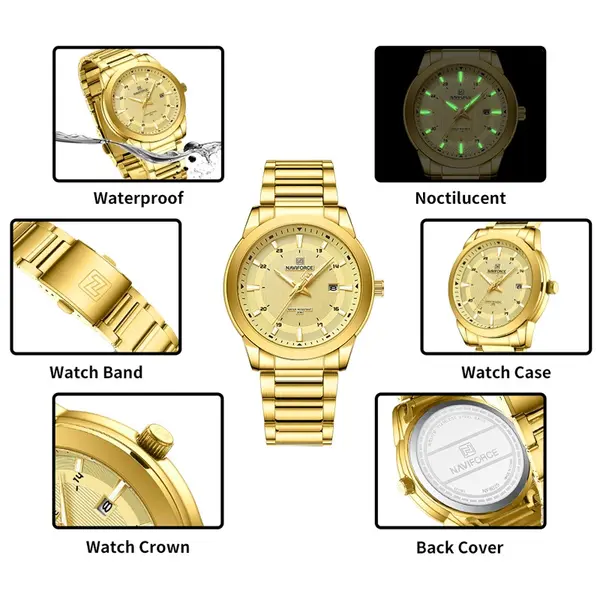 Naviforce NF8029 Luxury Stainless Steel Quartz Analog Men's Watch – Dial Color: Gold, Strap Color: Gold  – View 5