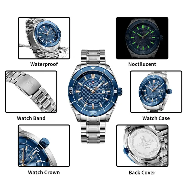 Naviforce NF9210 Luxury Stainless Steel Quartz Analog Men's Watch – Dial Color: Blue, Strap Color: Black – View 6
