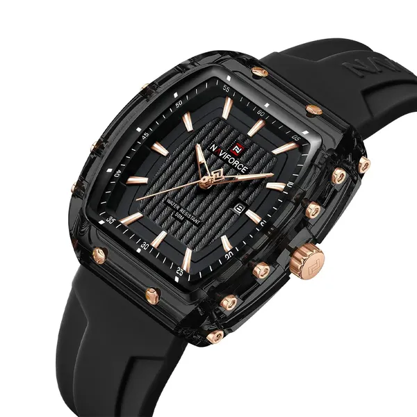 Naviforce 7124 Waterproof Comfortable Silicone Strap Quartz Sports Women Watch – Dial Color: Black, Strap Color: Black – View 2