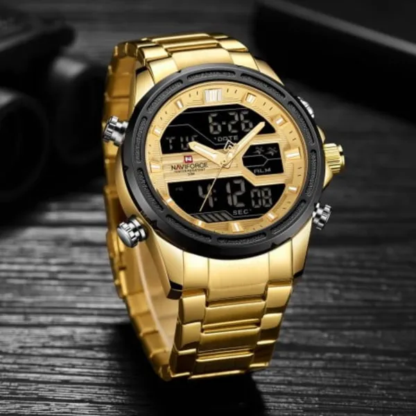 Naviforce NF9138 Luxurious Stainless Steel Men's Watch – Dial Color: Gold, Strap Color: Gold  – View 3