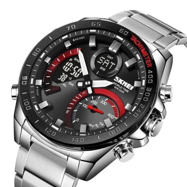 Skmei 1889 Dual Display Chronograph Stainless Steel Men's Watch – Dial Color: Red, Strap Color: Silver – View 2