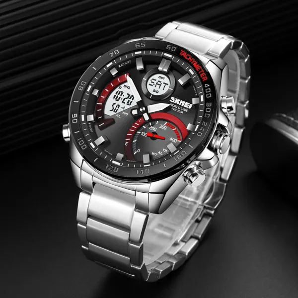 Skmei 1889 Dual Display Chronograph Stainless Steel Men's Watch – Dial Color: Red, Strap Color: Silver – View 3