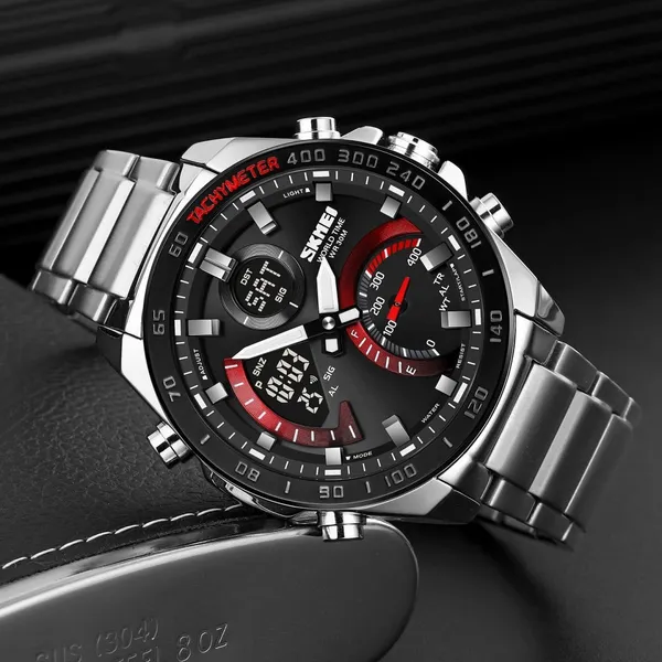 Skmei 1889 Dual Display Chronograph Stainless Steel Men's Watch – Dial Color: Red, Strap Color: Silver – View 4