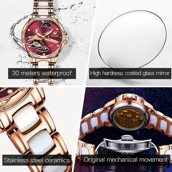 Olevs 6639 automatic mechanical ceramic wristwatch set gift for women – Dial Color: Red, Strap Color: White – View 3