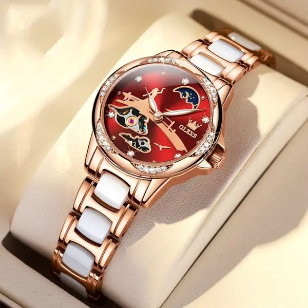 Olevs 6639 automatic mechanical ceramic wristwatch set gift for women – Dial Color: Red, Strap Color: White – View 2