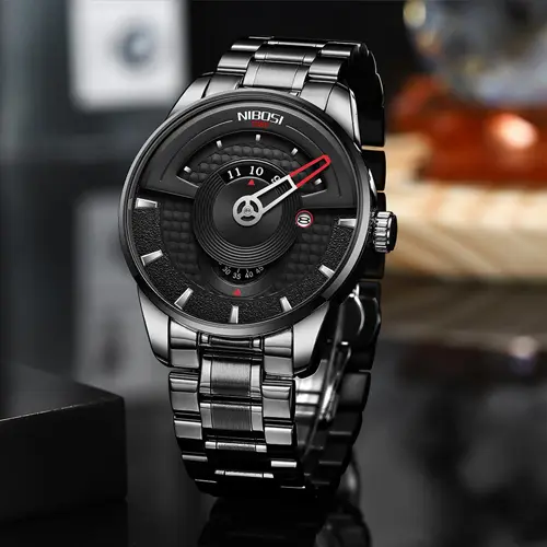 Nibosi 2509 High Quality Stainless Steel Fashion Men's Watch – Dial Color: Black, Strap Color: Black – View 3