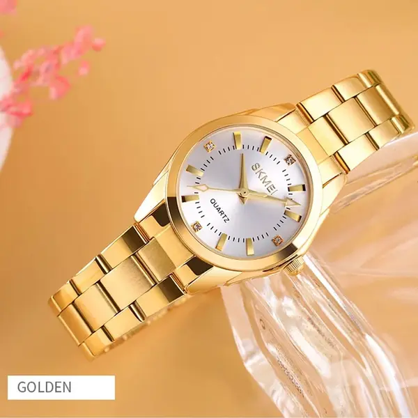 SKMEI 1620 Analog Stylish Quartz Stainless Steel Women's Watch – Dial Color: Silver, Strap Color: Gold  – View 2