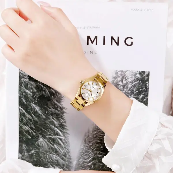 SKMEI 1620 Analog Stylish Quartz Stainless Steel Women's Watch – Dial Color: Silver, Strap Color: Gold  – View 3