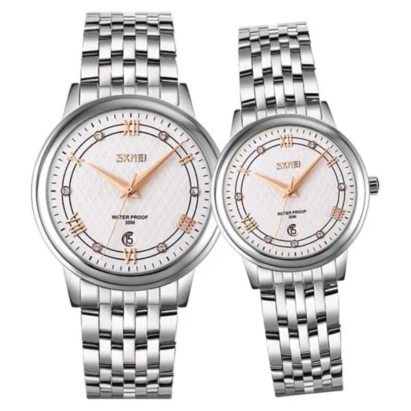 SKMEI 9272 Stainless Steel Buckle Strap Waterproof Quartz Unisex Watch – Dial Color: White, Strap Color: Silver – View 1