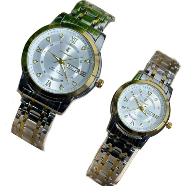 Poedagar 936 Couple Watch - Silver Gold With Premium Box – Dial Color: Silver, Strap Color: Gold – View 2