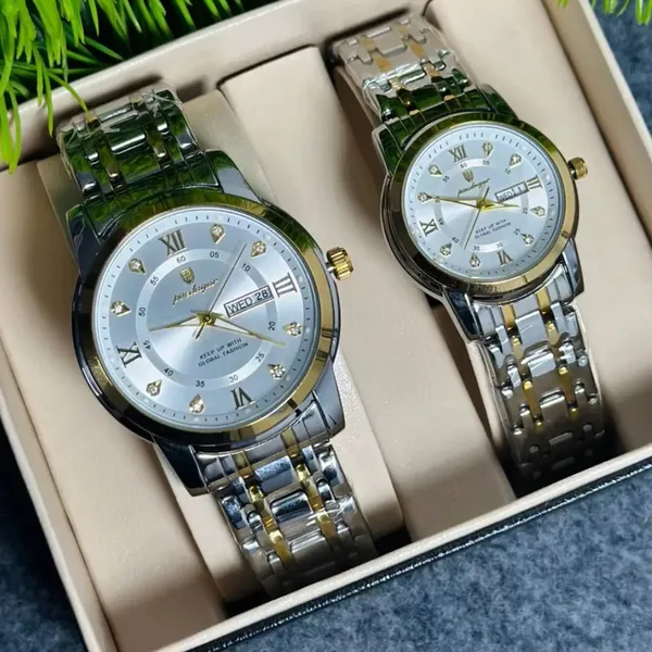Poedagar 936 Couple Watch - Silver Gold With Premium Box – Dial Color: Silver, Strap Color: Gold – View 3