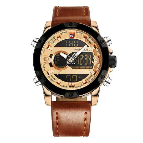 Naviforce NF9097 Luxury Brand Dual Display Sports Men's Watch – Dial Color: Rose, Strap Color:  Brown  – View 1