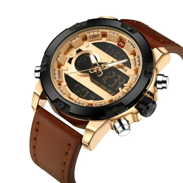 Naviforce NF9097 Luxury Brand Dual Display Sports Men's Watch – Dial Color: Rose, Strap Color:  Brown  – View 2