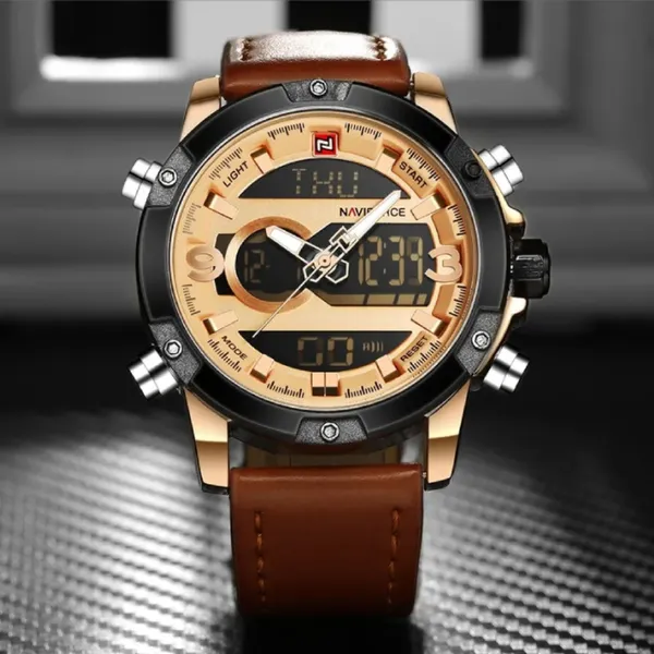 Naviforce NF9097 Luxury Brand Dual Display Sports Men's Watch – Dial Color: Rose, Strap Color:  Brown  – View 3
