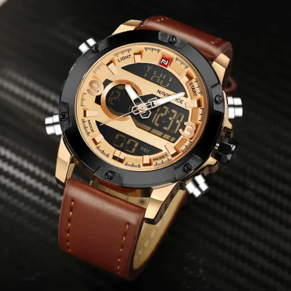 Naviforce NF9097 Luxury Brand Dual Display Sports Men's Watch – Dial Color: Rose, Strap Color:  Brown  – View 4
