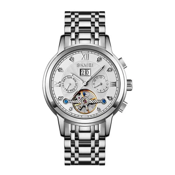SKMEI M029 Mechanical Automatic Luxury Watch for Men – Dial Color: White, Strap Color: Silver – View 1