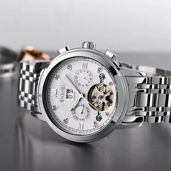 SKMEI M029 Mechanical Automatic Luxury Watch for Men – Dial Color: White, Strap Color: Silver – View 3