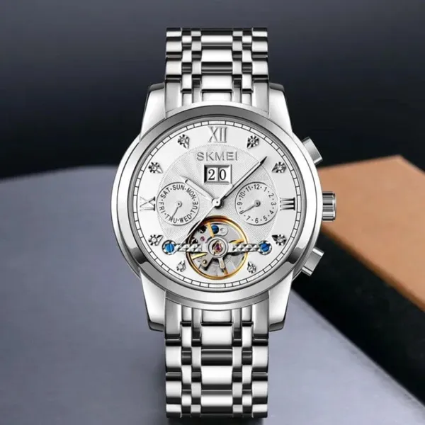 SKMEI M029 Mechanical Automatic Luxury Watch for Men – Dial Color: White, Strap Color: Silver – View 4