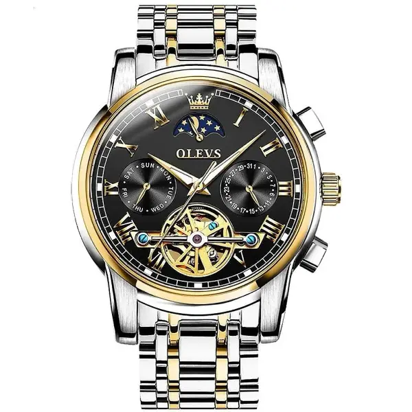 Olevs 6617 Luxury Mechanical Stainless Steel Chain Men's Watch – Dial Color: Black, Strap Color: White Gold – View 1