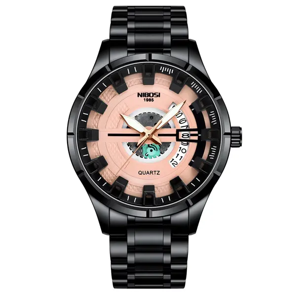 Nibosi 2383 Multifunctional Stainless Steel Fashionable Chronograph Analog Men's Watch – Dial Color: Bronze, Strap Color: Black – View 1