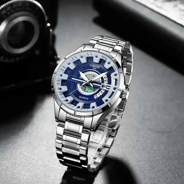 Nibosi 2383 Multifunctional Stainless Steel Fashionable Chronograph Analog Men's Watch – Dial Color: Blue, Strap Color: Silver – View 3