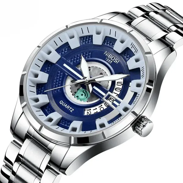 Nibosi 2383 Multifunctional Stainless Steel Fashionable Chronograph Analog Men's Watch – Dial Color: Blue, Strap Color: Silver – View 2