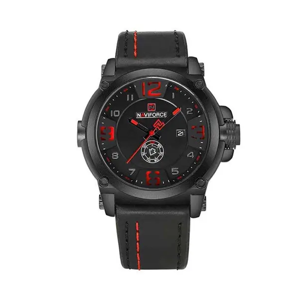 Naviforce NF9099 Luxury Leather Strap Chronograph Casual Male Fashion Watch – Dial Color: Red, Strap Color: Black – View 1