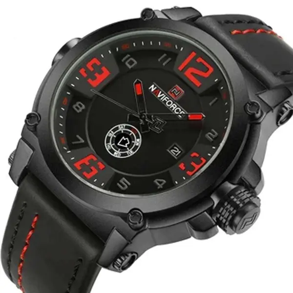 Naviforce NF9099 Luxury Leather Strap Chronograph Casual Male Fashion Watch – Dial Color: Red, Strap Color: Black – View 2