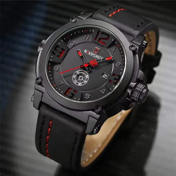 Naviforce NF9099 Luxury Leather Strap Chronograph Casual Male Fashion Watch – Dial Color: Red, Strap Color: Black – View 3