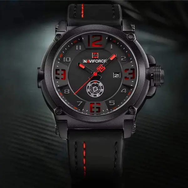 Naviforce NF9099 Luxury Leather Strap Chronograph Casual Male Fashion Watch – Dial Color: Red, Strap Color: Black – View 4