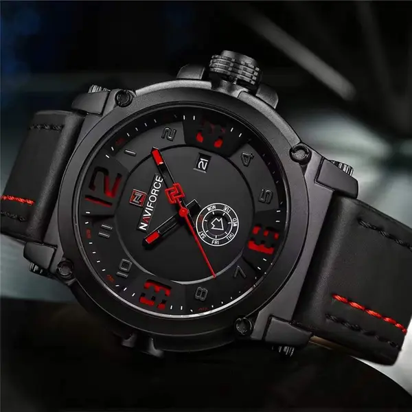 Naviforce NF9099 Luxury Leather Strap Chronograph Casual Male Fashion Watch – Dial Color: Red, Strap Color: Black – View 5