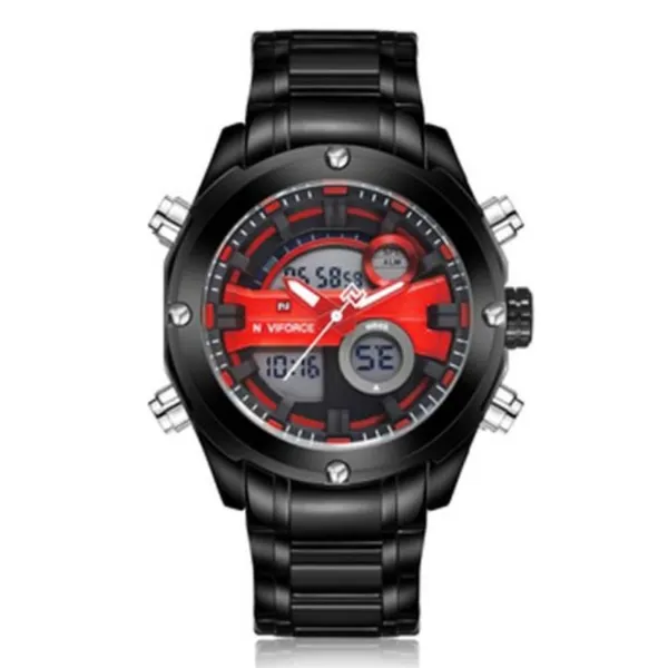 NAVIFORCE NF9088 Stainless Steel Dual Time Men's Watch – Dial Color: Red, Strap Color: Black – View 1