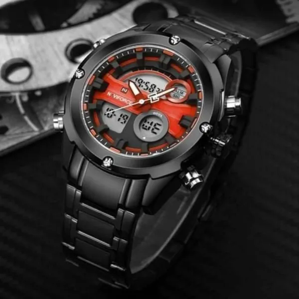 NAVIFORCE NF9088 Stainless Steel Dual Time Men's Watch – Dial Color: Red, Strap Color: Black – View 2