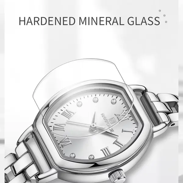 NAVIFORCE NF5035 Ladies High Quality Stainless Steel Waterproof Bracelet Elegant Barrel Shape Dress Watch – Dial Color: White, Strap Color: Silver – View 3