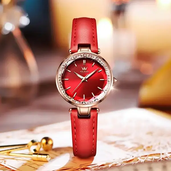 Olevs 6645 Diamond Studded Rose Gold Dial Leather Strap Waterproof Quartz Analog Women's Watch – Dial Color: Red, Strap Color: Red – View 2