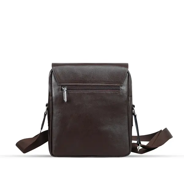 Premium Leather Brass Metal Nano Messenger Bag – Color: Brown – View 3