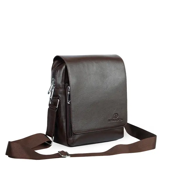 Premium Leather Brass Metal Nano Messenger Bag – Color: Brown – View 2