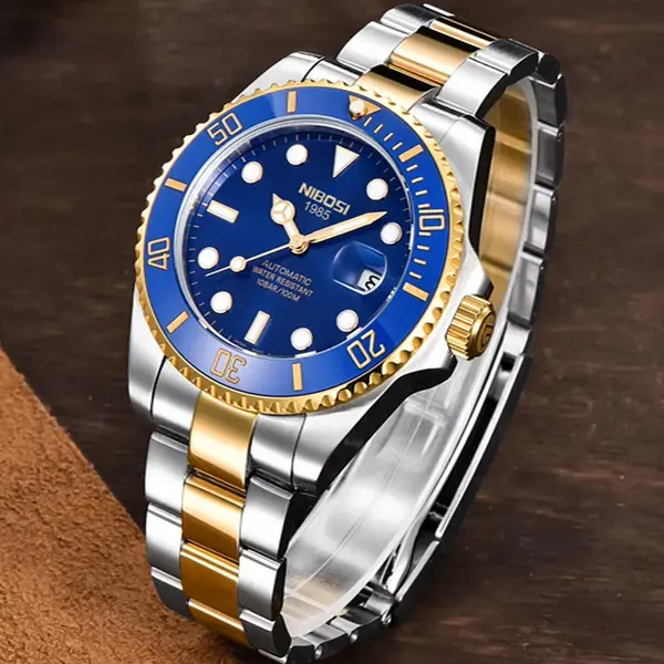 Nibosi 2597 High Quality Stainless Steel Belt Calendar Men's Watch – Dial Color: Blue, Strap Color: Gold – View 2