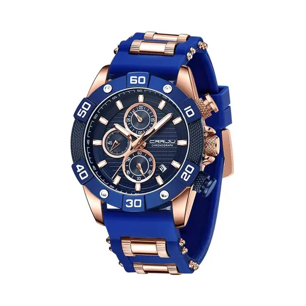 CRRJU 2291 Comfortable Silicone Strap Quartz Rugged Construction Sport Men's Watch – Dial Color: Blue, Strap Color: Rose Gold – View 1