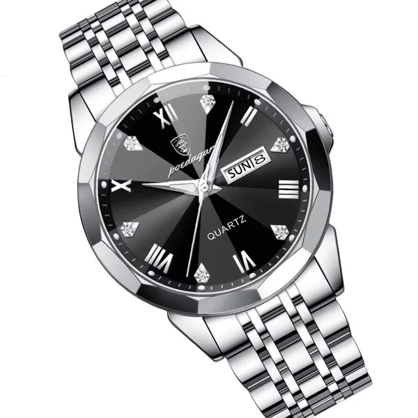 Poedagar 810 Adults Stainless Steel Men's Watch – Dial Color: Black, Strap Color: Silver – View 2