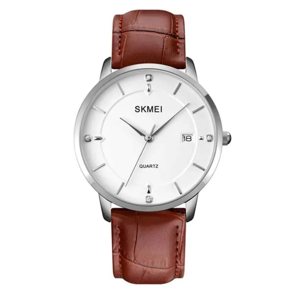 SKMEI 1801 Business Calendar Leather Strap Classic Quartz Watch – Dial Color: White, Strap Color: Rose – View 1