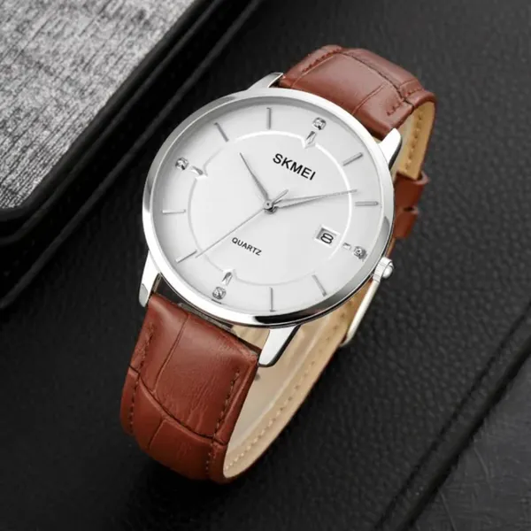 SKMEI 1801 Business Calendar Leather Strap Classic Quartz Watch – Dial Color: White, Strap Color: Rose – View 3