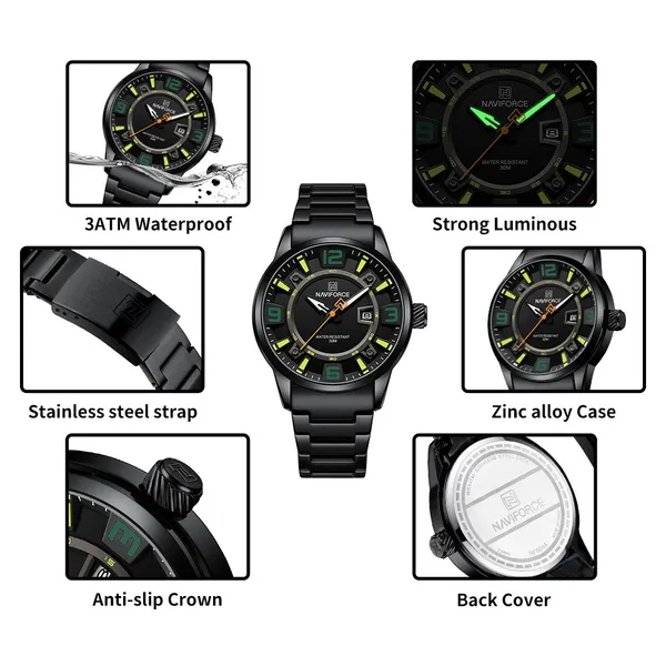 NAVIFORCE NF8044 Luminous Stainless Steel Strap Quartz Men’s Watch – Dial Color: Green, Strap Color: Black – View 3