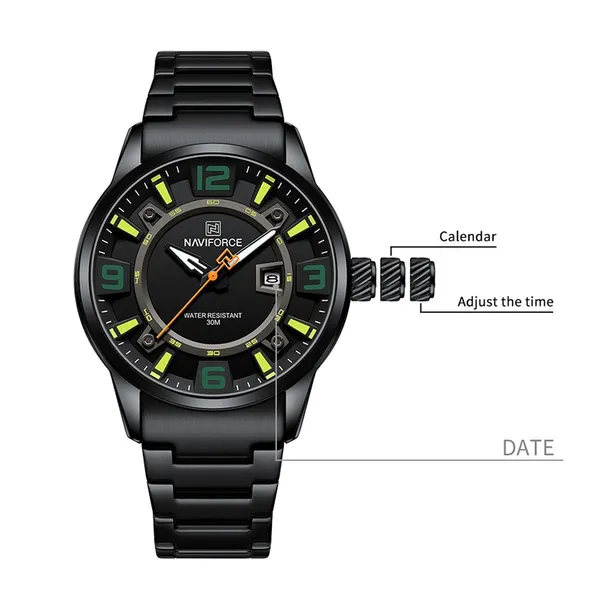 NAVIFORCE NF8044 Luminous Stainless Steel Strap Quartz Men’s Watch – Dial Color: Green, Strap Color: Black – View 4