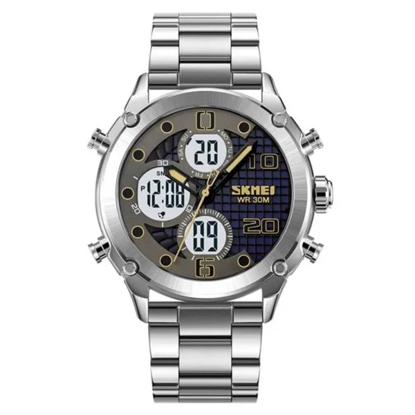 SKMEI 1975 Digital Analog Business Stainless Steel Men's Watch – Dial Color: Grey, Strap Color: Silver – View 1