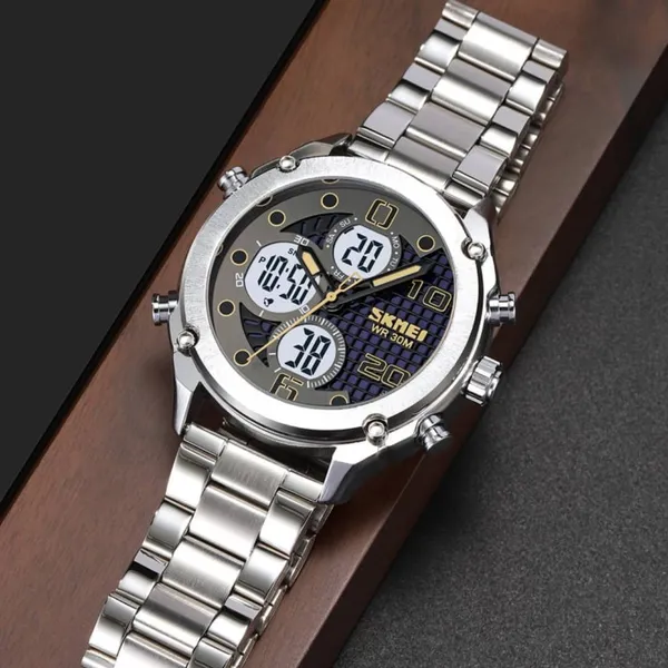 SKMEI 1975 Digital Analog Business Stainless Steel Men's Watch – Dial Color: Grey, Strap Color: Silver – View 3