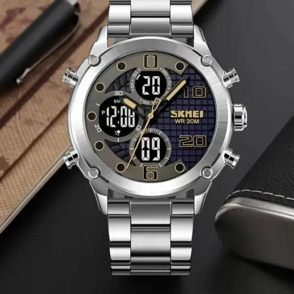 SKMEI 1975 Digital Analog Business Stainless Steel Men's Watch – Dial Color: Grey, Strap Color: Silver – View 4