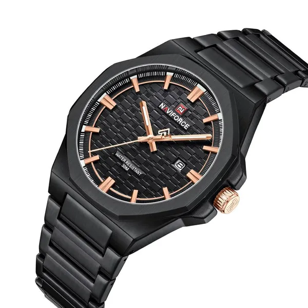 NAVIFORCE NF9245 Steel Strap Polygonal Design Analog Men's Watch – Dial Color: Black, Strap Color: Black – View 2